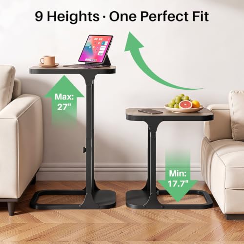 Kitstorack Height Adjustable End Table, Small Side Table for Couch, Sofa Table with Metal Frame for Living Room, Bedroom, Bedside C Shaped Table,Greige - color: Greige