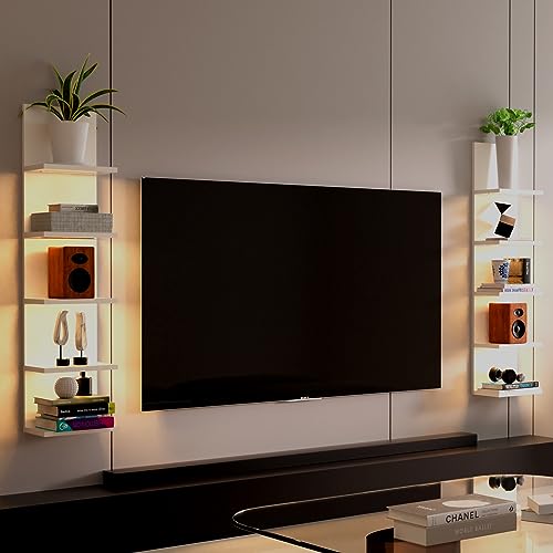 5 Tier Wall Shelf with Light, Floating Lack Shelf for Wall Storage, Wall Mounted Vertical Display Shelf for Bedroom Living Room Vanity, White - color: White