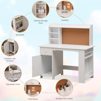 Garvee Kids Desk, Study Desk and Chair Set for Boys and Girl, Wooden Kids Writing Table with Bookshelf, Bulletin Board, Cabinet and Drawer for Ages 3-8, White - color: Pure White, style: 1 Cabinets+1 Drawer
