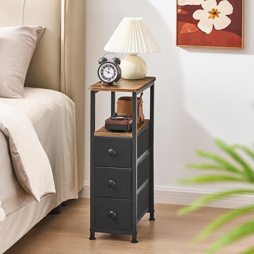 End Table, Narrow Side Table with 3 Fabric Drawers, Slim Nightstand, Small Bedside Table with Storage, Living Room, Bedroom, Rustic Brown HKET1300BR - color: Rustic Brown, size: 7.9" W x 15.7" D, style: No Power