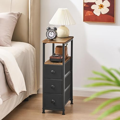 End Table, Narrow Side Table with 3 Fabric Drawers, Slim Nightstand, Small Bedside Table with Storage, Living Room, Bedroom, Rustic Brown HKET1300BR - color: Rustic Brown, size: 7.9" W x 15.7" D, style: No Power