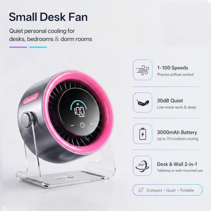 USB Desk Fan for Bedroom: 100 Speeds Digital Display Quiet Portable Fan with Turbo Airflow, 120° Rotating Small Rechargeable Battery Desktop & Wall-Mounted Fans for Bedroom Home Office - color: Pink