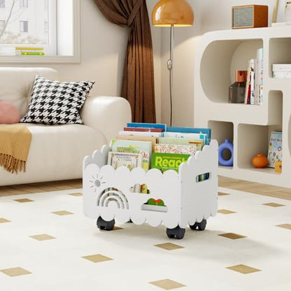 Wood Kids Bookshelf, Montessori Bookshelf, With 2 Adjustable Dividers, 4 Wheels Suitable Kids Rooms, Nursery & Classroom, Book Shelf For Kids Rooms, Toddler Book Rack, Nursery Book Shelves White - color: White(rolling)