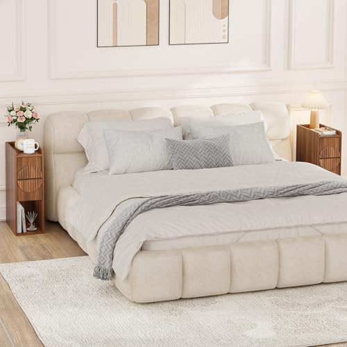 Narrow Nightstands Set of 2 for Bedroom, Mid Century Modern Wooden Bedside with 2 Drawers, Fluted Skinny End Table, 8 Inch Wide Slim Side Tables for Small Spaces - color: Walnut X40