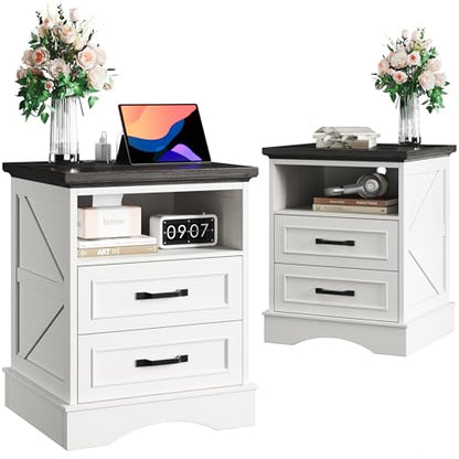 Fluest 24" Tall Farmhouse Nightstands Set of 2, Night Stands with Fast Charging Station, Beside Tables with Drawers and Open Storage, Rustic End Tables for Bedroom, Antique White - color: Antique White