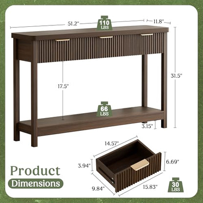 Fluted Console Table, 51 Inch Entryway Table with 3 Drawers | Scandi farmhouse look with quiet full-extension slides, open lower shelf, profile for hallway, entry, foyer or behind sofa. - color: Walnut