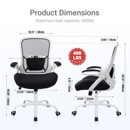 HYLONE 400lbs Heavy Duty Office Chair, 5" Thickened Seat Ergonomic Desk Chair with Adjustable Armrests, Home Office Computer Chairs for Long Hours Mesh Executive Chair(White Base&Black) - color: White Frame & Black, size: Thicken Cushion