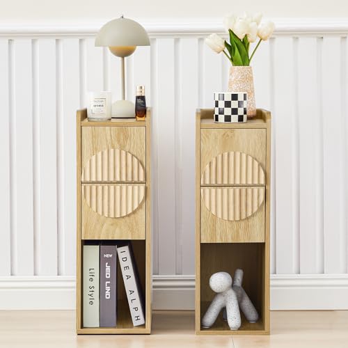 Narrow Nightstands Set of 2 for Bedroom, Mid Century Modern Wooden Bedside with 2 Drawers, Fluted Skinny End Table, 8 Inch Wide Slim Side Tables for Small Spaces - color: Natural X40