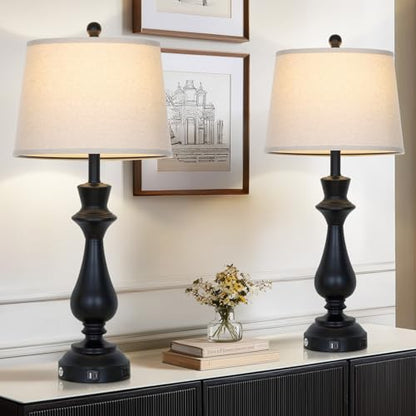 Touch Lamps for Night Stands Set of 2-29.5" Tall Bedside Lamp with USB C+A, 3 Way Dimmable Bedroom Lamps, Black Metal Table Lamps for Living Room - color: Black