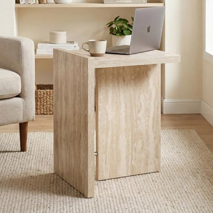 Hyfirm Modern Faux Travertine Side Table Small T-Shaped End Table | Space-Saving Accent Table with Travertine Finish Nightstand for Use Beside Sofa in Living Room Bedroom Apartments and Office - color: Beige