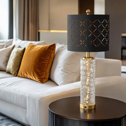Oneach 27.75" Modern Table Lamps Set of 2, Gold Bedside Lamp with Crystal Nightlight, USB A+C, Black Grid Shade, Unique Desk Lamps for Living Room, Bedroom, Nightstand, End Table (2 Bulbs Included) - color: Gold - Black Shade