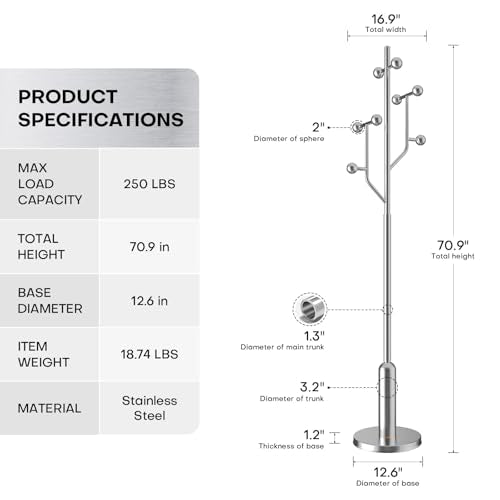 Coat Rack Freestanding Metal Coat Tree with 8 Metal Hooks | Heavy Duty Standing Coat Rack, Stainless Steel Marble Base, Coat Hanger Stand for Bedroom Entryway Hallway, Hat, Bags - color: Silver - Polished Chrome
