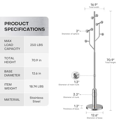 Coat Rack Freestanding Metal Coat Tree with 8 Metal Hooks | Heavy Duty Standing Coat Rack, Stainless Steel Marble Base, Coat Hanger Stand for Bedroom Entryway Hallway, Hat, Bags - color: Silver - Polished Chrome