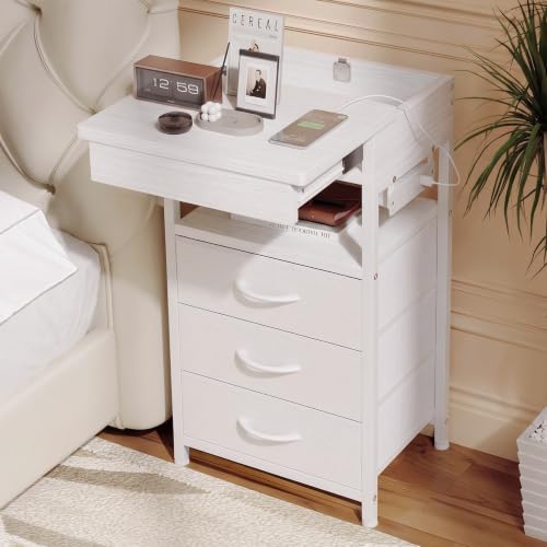Lazzanto Nightstand with Lockable Hidden Compartment, White | Sliding Top Storage, 3 Fabric Drawers, Charging Station, 2 AC Outlets & 1 USB-A & 1 USB-C Port, Dorm, Bedroom, Living Room - color: White, size: 3 Drawers