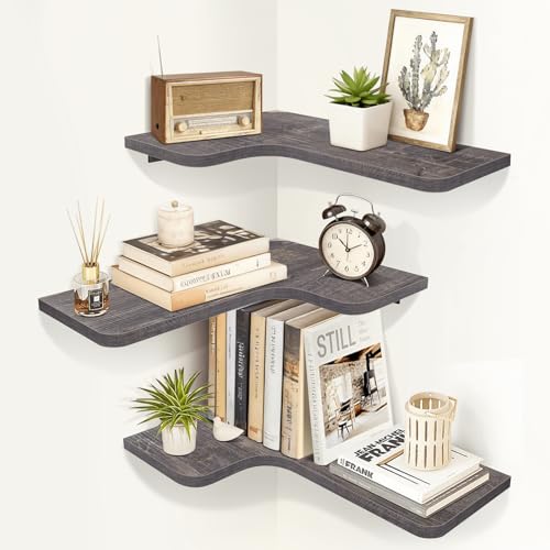 Homode Corner Shelves Wall Mounted, Set of 3 Floating Corner Shelves with Cord Hole, 3 Tier Wooden Hanging Shelves for Storage and Display, for Bathroom Kitchen Living Room, Rustic Grey - color: Rustic Grey