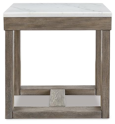 Signature Design by Ashley Square Marble End Table, 24 in, Grayish Brown | Premium natural stone surface for unique character, Sturdy oak veneer and MDF substrate trestle base, Loyaska Series - color: Two Tone