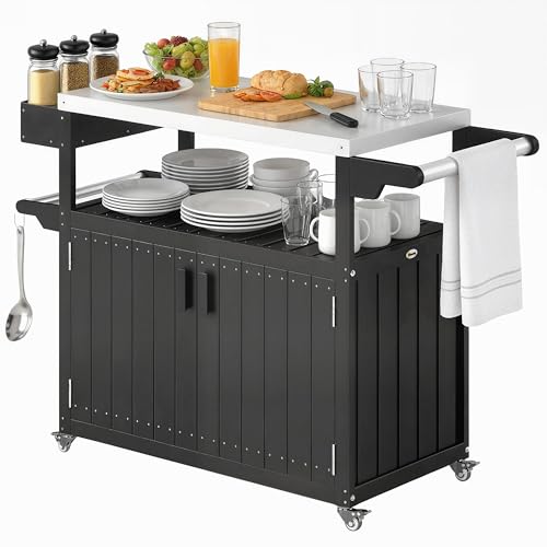 Outsunny Outdoor Bar Cart with Storage Cabinet Kitchen Island Black | Stainless Steel Top, on Wheels, HDPE Outdoor Bar Table, Movable Patio Beverage Food Prep Table, for BBQ Picnic - color: Black