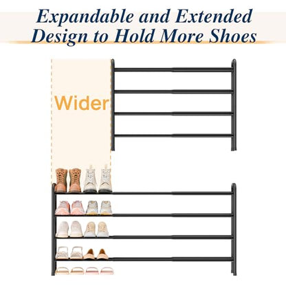 ENJOYBASICS 4 Tier Expandable Shoe Rack for Closet, Free Standing Metal Shoe Shelf Storage Organizer Holder 24 Pairs, Adjustable Width Shoe Rack for Entryway Small Space, Black - size: 4 Tier (8-24 Pairs)