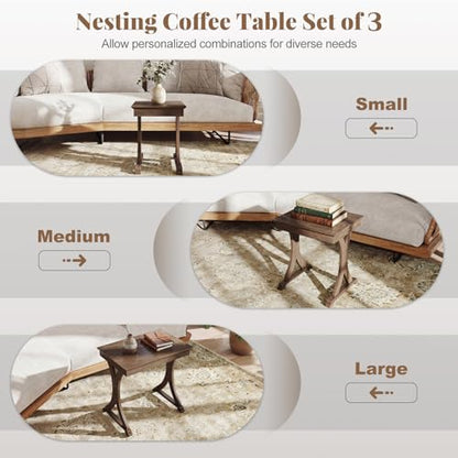 Giantex Nesting Coffee Table Set-of-3 - Stackable Rectangular Sofa End Side Table w/Solid Rubber Wood Legs, Vintage Farmhouse Night Stand for Bedroom Living Room Home Office Small Spaces