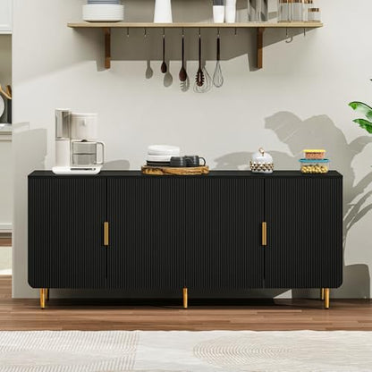 65" Fluted Sideboard Buffet Cabinet with Storage, Console Cabinet with 4 Doors & Adjustable Shelves, Modern Buffet Table for Kitchen Dining Living Room Hallway‌ Entryway, Black - color: Black