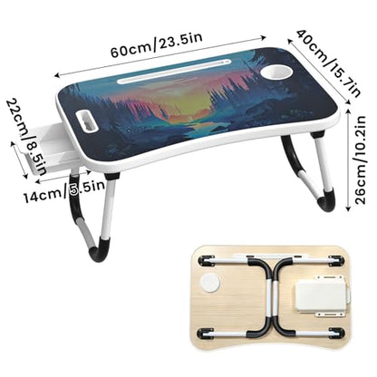 Laptop Bed Table with Storage & Cup Holder - Foldable Bed Table for Laptop, Portable Lap Desk Bed Tray for Breakfast in Bed, Writing, Reading, Working, Eating on Sofa or Floor (144 Jungle)