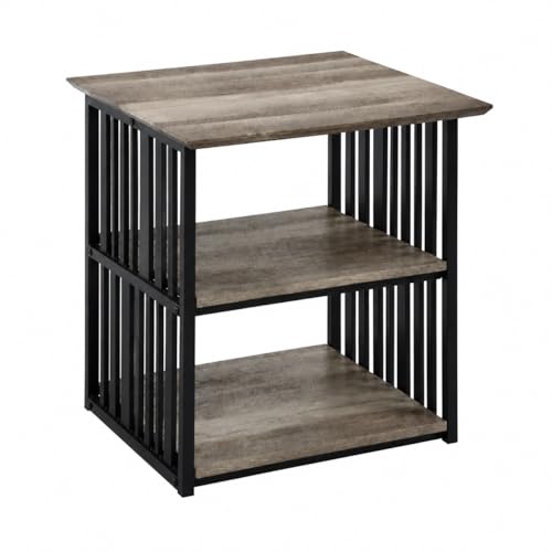 Elountik Industrial Nightstand with Metal Frame and Antique Oak Finish, 22 Inch Wide Bedside Table with Two Open Shelves for Bedroom Storage