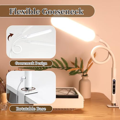 BQAN LED Desk Lamp with Clamp 15W Eye-Caring Clip on Light for Home White | 5 Modes & 9 Brightness | Adjustable Gooseneck | Touch Dimmer | Clamp Desk Design | For Reading, Study, Nail Art, Work - color: White