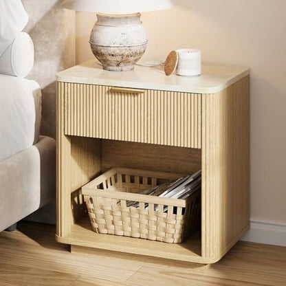 Fluted Nightstand Set of 2, Bedside Table with Faux Marble-Top, Modern Nightstand with Charging Station, Drawers and Open Shelf, Curved Corners, Modern Night Stand for Bedroom, Natural Oak - size: 2 PACK