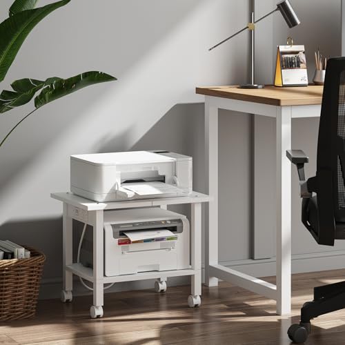TUTOTAK Printer Stand, 2 Tier Rolling Printer Cart with Charging Station | Small Under Desk Printer Table with Wheels for Small Space, Office, Home, White PS01BW001P - color: White, size: 2 tier(18.9 x 11.8 x 15.4inchs)