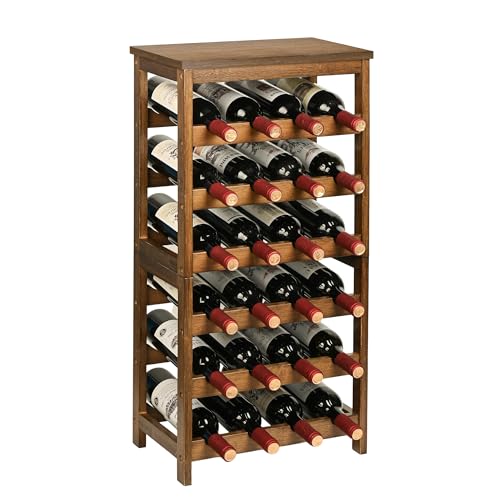 VASMIA Wine Rack Freestanding Floor, 6-Tier Display Wine Storage Shelves with Table Top, 24-Botttle Bamboo Wine Rack Shelf for Kitchen Bar Dining Room Living Room, Walnut - color: Walnut, size: 6 Tiers