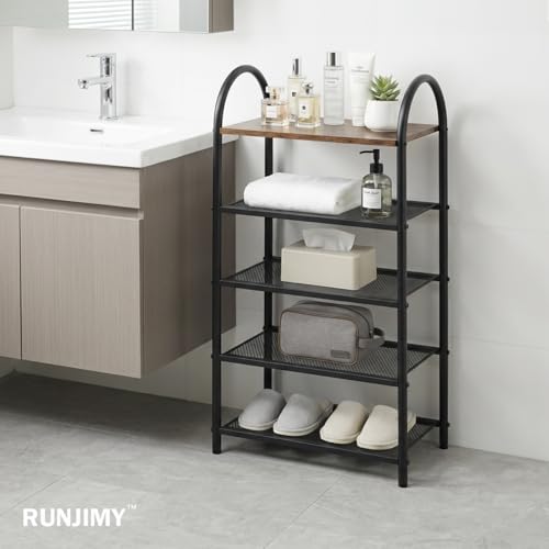 5-Tier Shoe Rack, Rustic Wood Look Shoe Organizer with Metal Frame and Mesh Shelves, Space-Saving for Entryway, Hallway, Bedroom (17.32" L x 10.24" W x 31.89" H) - size: 17.32" X 10.24" X 31.89"