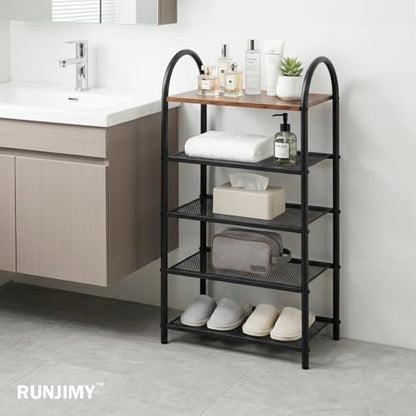 Shoe Rack Organizer for Entryway Closet,Tall Narrow Shoe Shelf Wood | 5-Tier, Free Standing, Rustic Wooden Top, Arched Metal Frame, Sturdy Mesh Shelves, Space-Saving, 17.32" x 10.24" x 31.89" - size: 17.32" X 10.24" X 31.89"