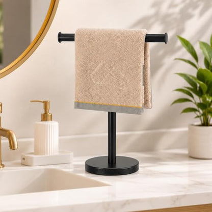 Hand Towel Holder Stand, 2 Pack Freestanding Bathroom Towel Rack, Black | Weighted Stainless Steel Base Helps Prevent Tipping While The Open T-Shape Keeps Towels Dry on Bathroom Countertops - color: X-black-2 Pack