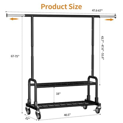 Luxspire Rolling Heavy Duty Clothes Rack with 2 Sturdy Shelves Load 600 LBS | Zinc-iron alloy frame, lockable silent wheels, adjustable extendable rods for bedroom and laundry room garment storage - color: Black