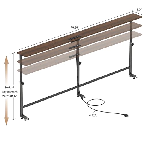 Faesun 70.9 Inch Behind Couch Table, 24"-32" Adjustable Height Range, Behind The Couch Table with Outlet, Adjustable Console Table, Narrow Long Sofa Table, for Living Room, Walnut - color: Walnut, size: 70.9"w x 5.9"d (C-shaped)