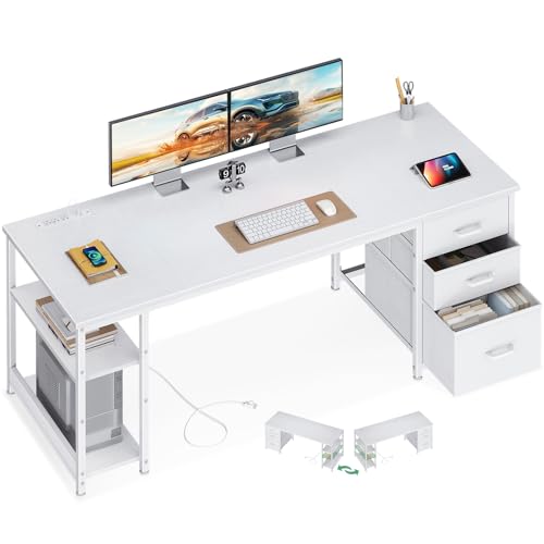 AODK 63 Inch Computer Desk with Drawers & USB Power Outlets | Reversible Home Office Desk with Storage Shelves, Work from Home, Modern Work/Writing/Study Table for Bedroom, White - color: White, size: 63 Inch