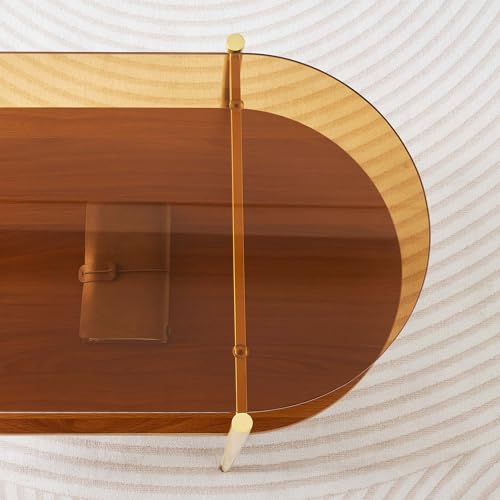 LumFurn Oval Glass Coffee Table, Mid-Century Modern Design, L41 x W21 x H17 inch, for Living Room, 2-Tier Structure, Amber Glass Top and Walnut Finish Wood Shelf, Conical Legs with Gold Finish Frame - color: Amber & Walnut, size: L41" Oval Coffee Table