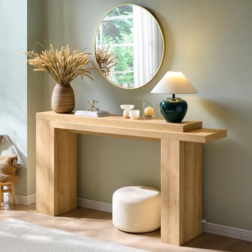 OKD 63" Modern Geometric Console Table with Layered Top, Natural Oak | Extended Layered Top, Sturdy Support Legs, Entryway, Hallway, Foyer, Living room, Behind Sofa - color: Natural Oak