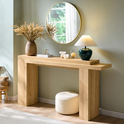 OKD 63" Modern Geometric Console Table with Layered Top, Natural Oak | Extended Layered Top, Sturdy Support Legs, Entryway, Hallway, Foyer, Living room, Behind Sofa - color: Natural Oak