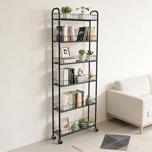 6in 6 Tier Slim Storage Cart with Wheels, Narrow Space Rolling Shelving Unit, Metal Wire Mobile Organizer Rack for Kitchen Bathroom Office Laundry - size: 6in Black Cart