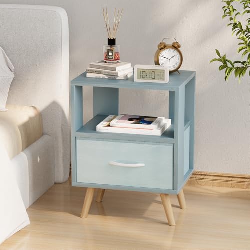 Huhote Kids Nightstand, 2-Tier Night Stand with Drawer, Modern Side Table for Bedroom, Study Room, Small Spaces, Blue - color: Blue, size: 2-Tier with Drawer