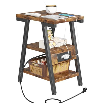 Side Table with Charging Station,3-Tier Small End Table,Lucky 7 Metal Shape | 2 AC Outlets + 2 USB Ports, Adjustable Feet, Nightstand for Bedroom, Living Room, Couch, Narrow Spaces, Rustic Brown - color: Rustic Brown