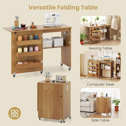 Giantex Folding Sewing Table with Charging Station, Storage Trays & Shelf | Rolling Craft Table with Lockable Wheels, Foldable Sewing Machine Cabinet Desk for Small Spaces, Dorms, Natural - color: Natural