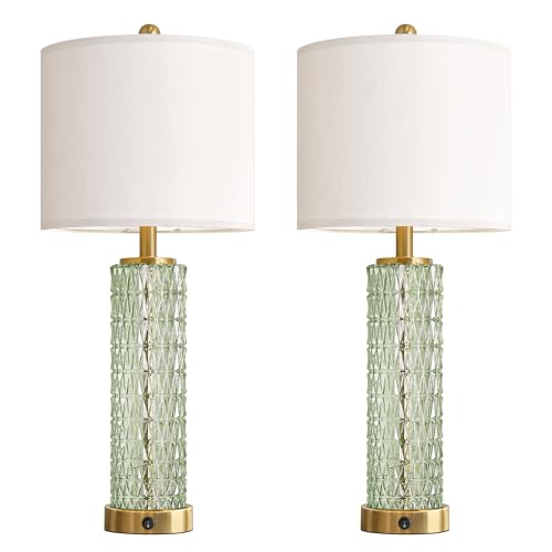 Oneach 27.75" Modern Table Lamps Set of 2, Green Bedside Lamp with Glass Nightlight, USB A+C, Unique Desk Lamps for Living Room, Bedroom, Nightstand, End Table (2 Bulbs Included) - color: Green - White Shade