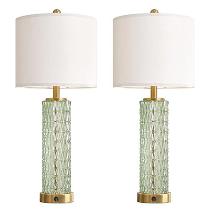 Oneach 27.75" Modern Table Lamps Set of 2, Green Bedside Lamp with Glass Nightlight, USB A+C, Unique Desk Lamps for Living Room, Bedroom, Nightstand, End Table (2 Bulbs Included) - color: Green - White Shade