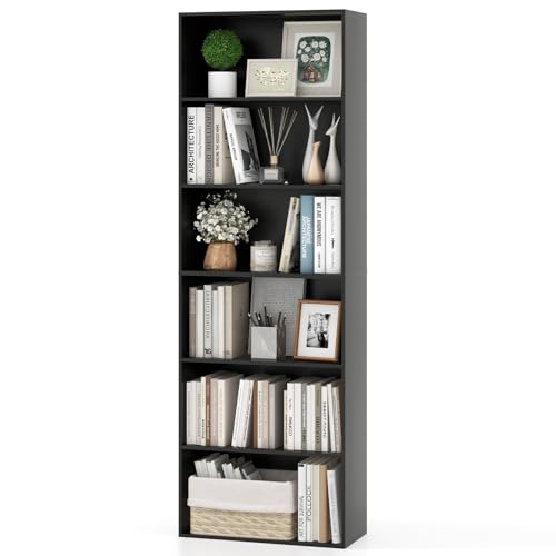 Giantex 6-Tier Bookcase, 70" Tall Wooden Bookshelf, Freestanding Storage Organizer w/Open Shelves, Anti-Tipping Kits, Modern Floor Standing Display Shelves for Living Room, Bedroom (1,Black) - color: Black, size: 23.5" x 9.5" x 70"