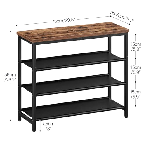 HOOBRO Shoe Rack with 3 PU Shelves, 4-Tier Shoe Storage Organizer for Closet and Entryway, Holds 9-12 Pairs of Shoes, Sturdy Metal Frame, Small Spaces, Rustic Brown and Black BF94XJ01