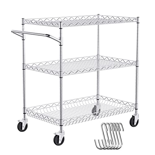 VEVOR Kitchen Utility Cart, 3 Tiers, Wire Rolling Table with 661 LBS Capacity, Steel Service Desk on Wheels, Metal Storage Trolley with 80 mm Deep Basket Curved Handle 6 Hooks - size: 18"D x 30"W x 32.4"H