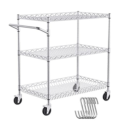 VEVOR Kitchen Utility Cart, 3 Tiers, Wire Rolling Table with 661 LBS Capacity, Steel Service Desk on Wheels, Metal Storage Trolley with 80 mm Deep Basket Curved Handle 6 Hooks - size: 18"D x 30"W x 32.4"H