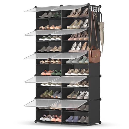 SONGMICS Shoe Rack Organizer, 10-Tier Shoe Storage Cabinet for Closet and Entryway, Holds 40 Pairs of Shoes, Adjustable, Ink Black and Transparent ULPC035B01 - color: Ink Black + Transparent, size: 10 Cubes